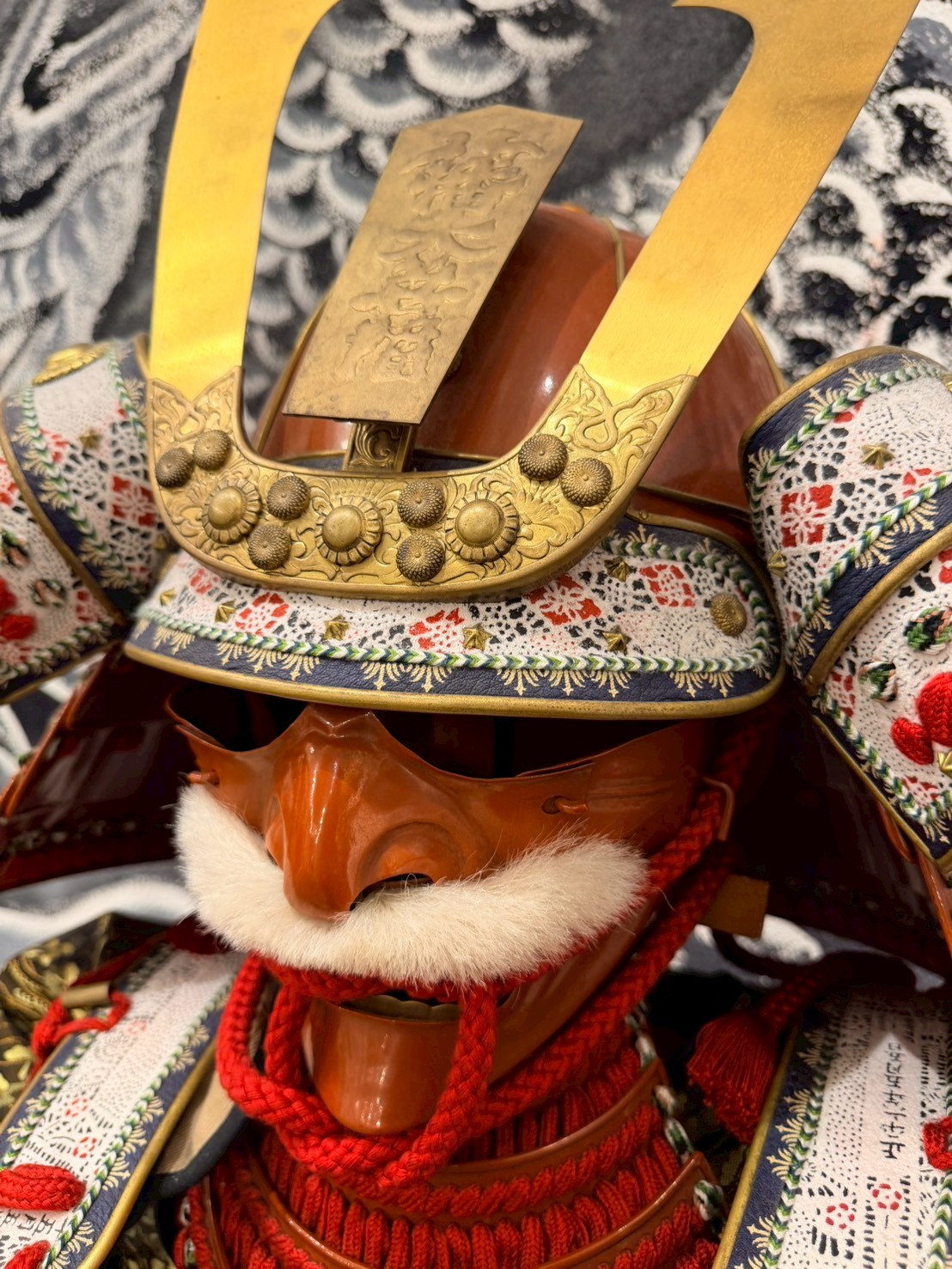 Samurai face mask (mempo) with white moustache, front view